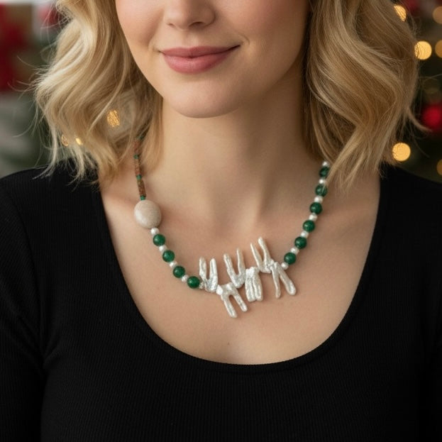 Green Agate, Natural Stone & Freshwater Pearl Necklace – Handmade Statement Jewelry