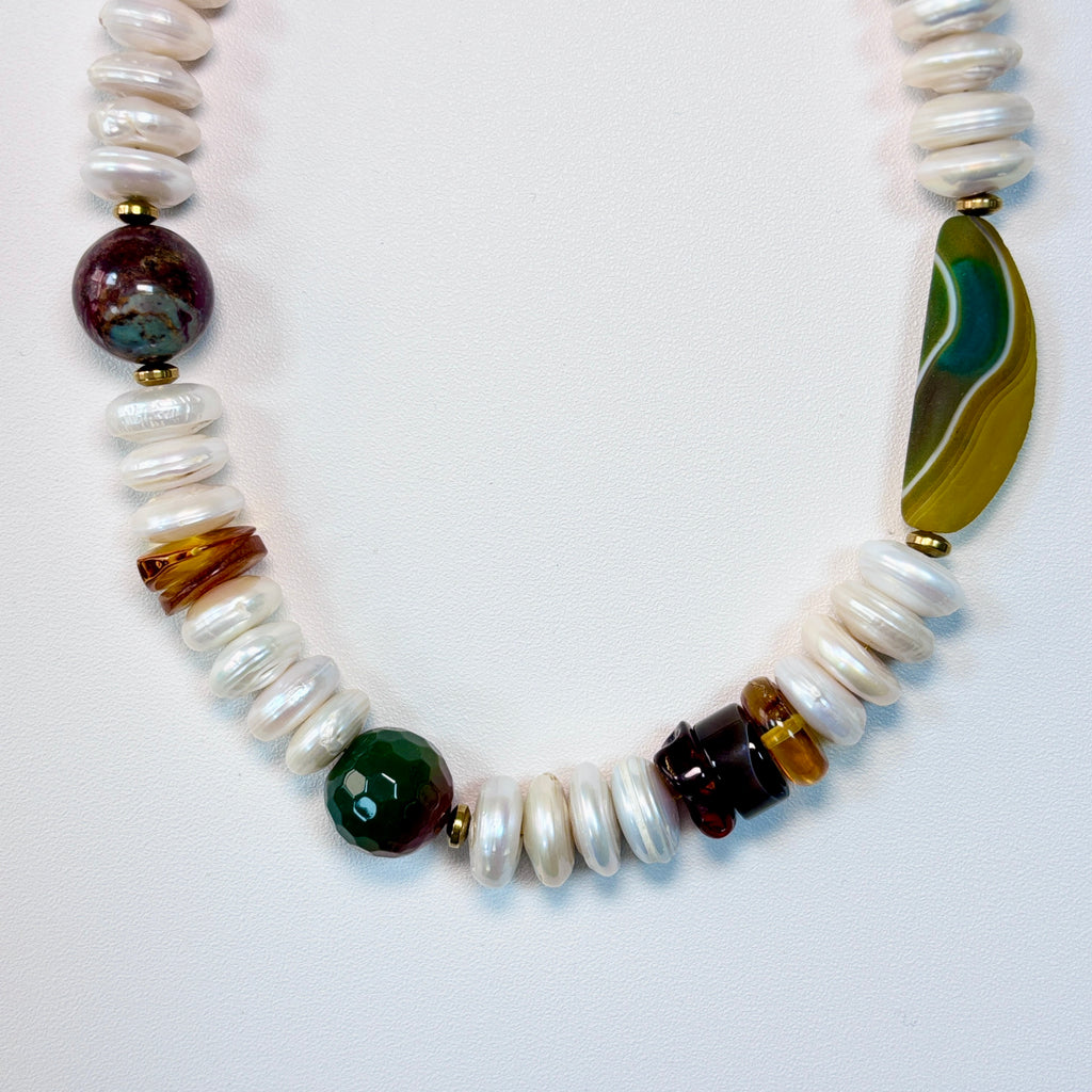 Amber, Agate & Freshwater Pearl Necklace – Handmade Natural Gemstone Jewelry