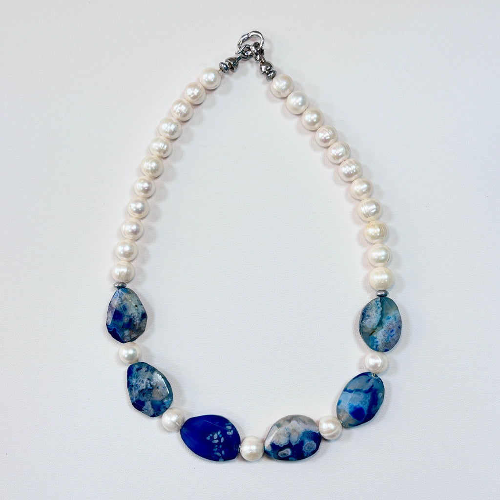 Freshwater Pearl & Blue Agate Necklace – Handmade Natural Gemstone Jewelry