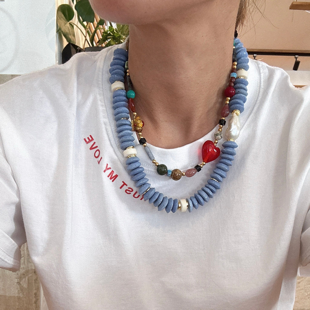 Blue Glass Bead and Baroque Pearl Necklace – Handmade Statement Jewelry – Modern Artisan Necklace