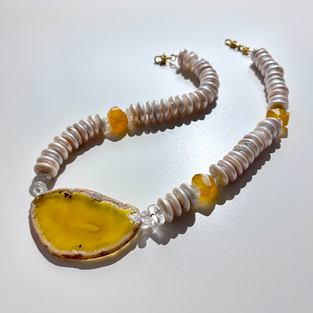 Freshwater Pearl & Agate Slice Necklace – A Statement Jewelry