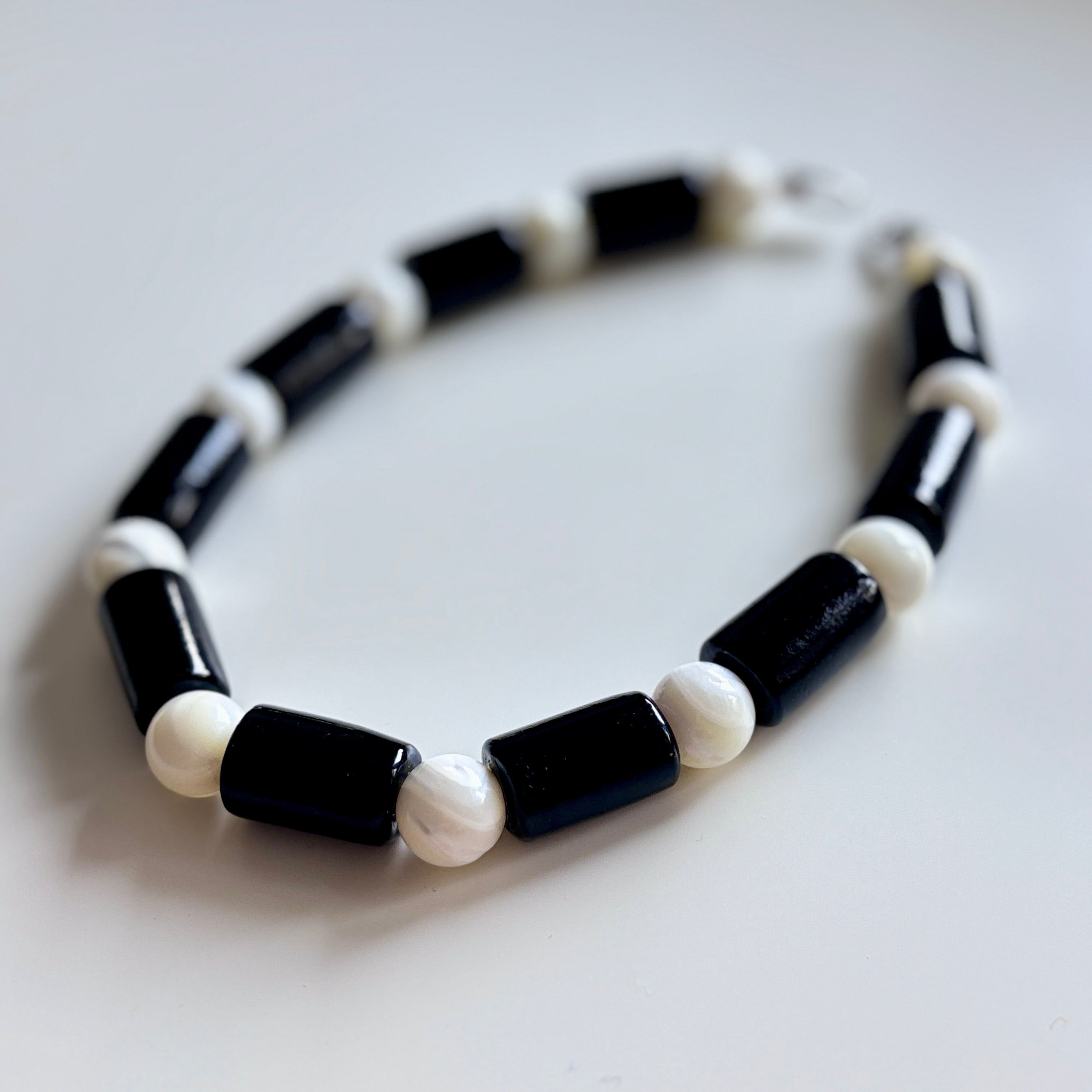 Nepalese Glass and Trochus Shell Beaded Necklace – Black and White Statement Jewelry