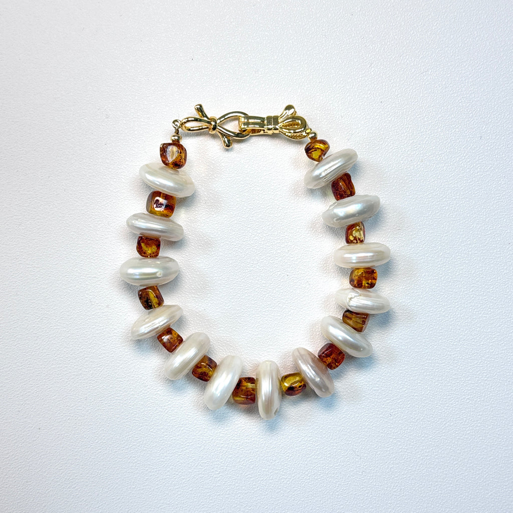 Freshwater Pearl & Amber Bracelet – Handmade Natural Gemstone Jewelry