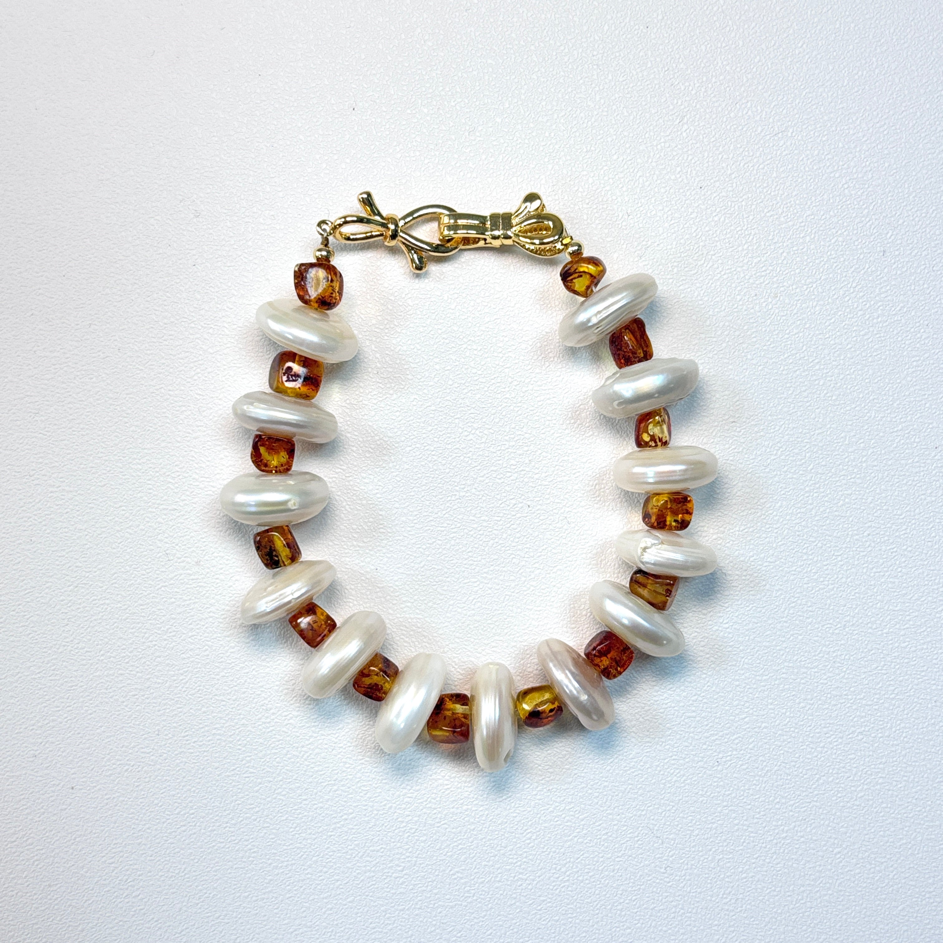 Freshwater Pearl & Amber Bracelet – Handmade Natural Gemstone Jewelry