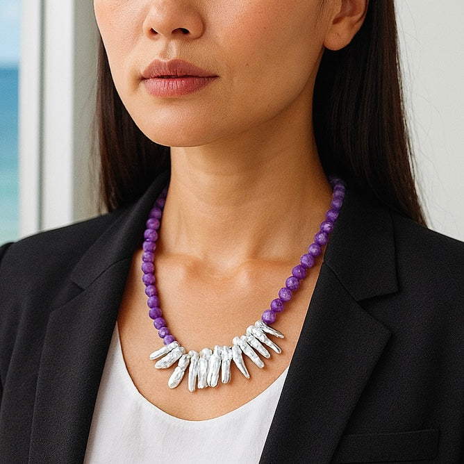 Amethyst & Natural Pearl Necklace – Handmade Gemstone Statement Jewelry