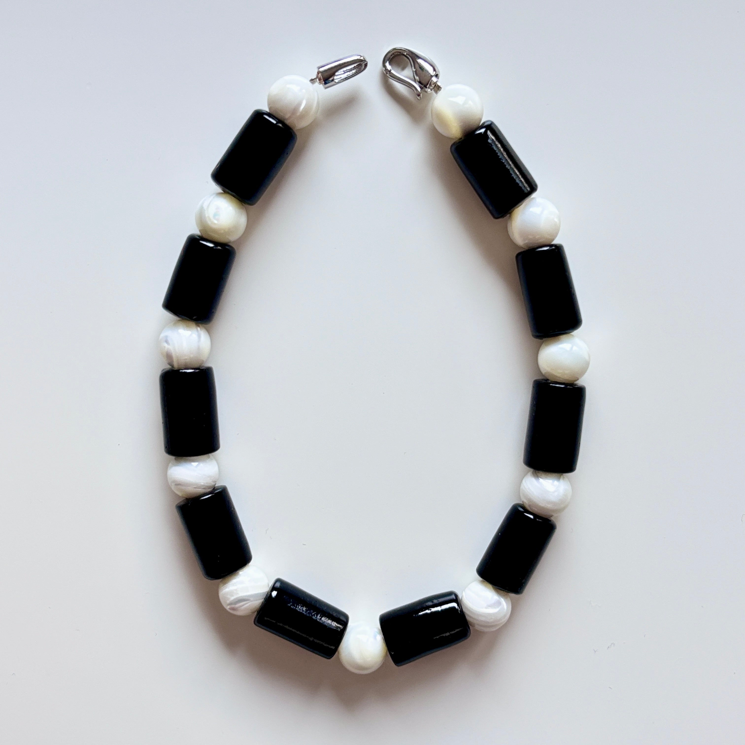 Nepalese Glass and Trochus Shell Beaded Necklace – Black and White Statement Jewelry
