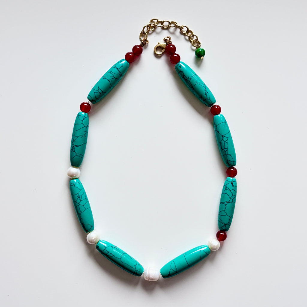 Nature Stone, Red Agate, and Freshwater Pearl Necklace – Handmade Gemstone Jewelry