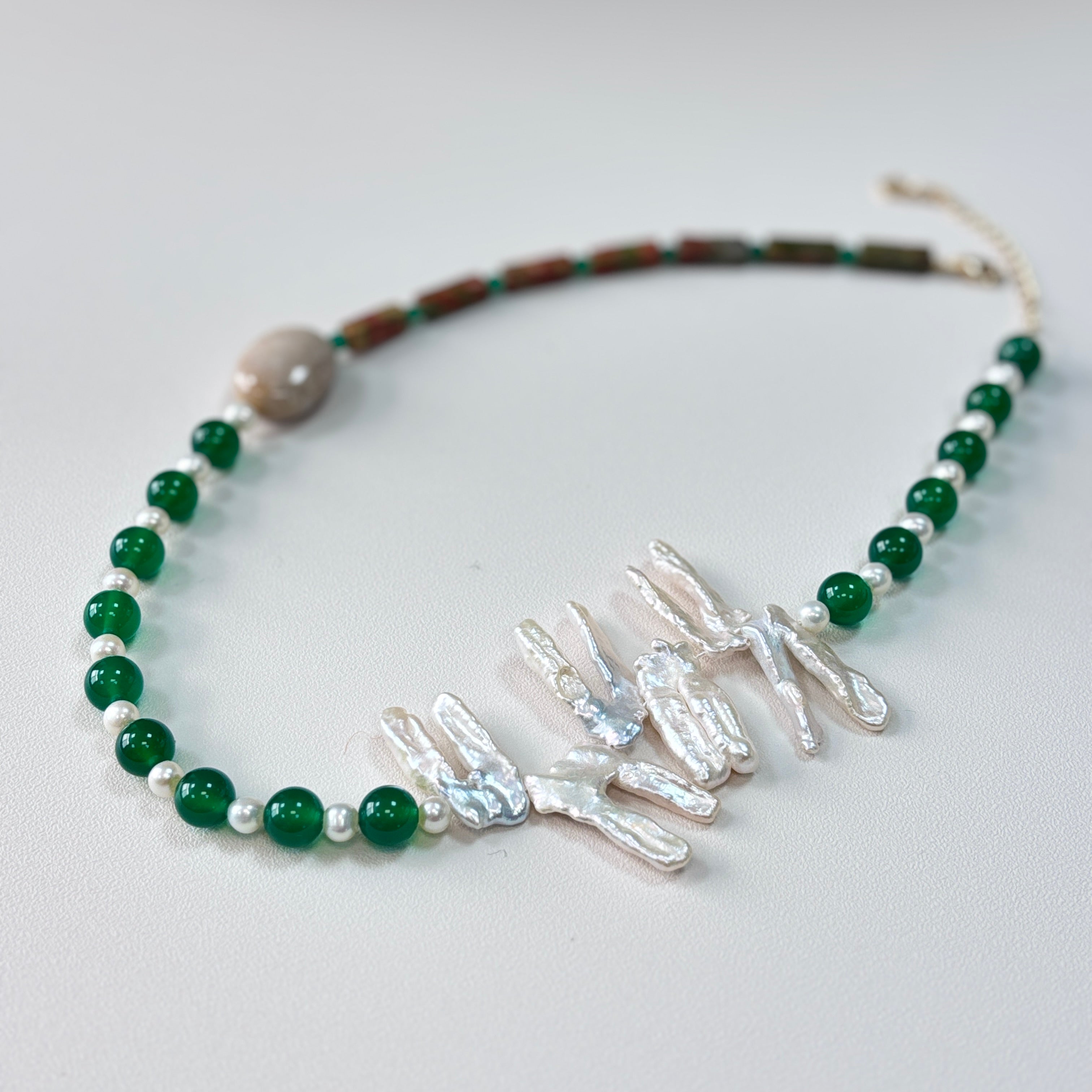 Green Agate, Natural Stone & Freshwater Pearl Necklace – Handmade Statement Jewelry
