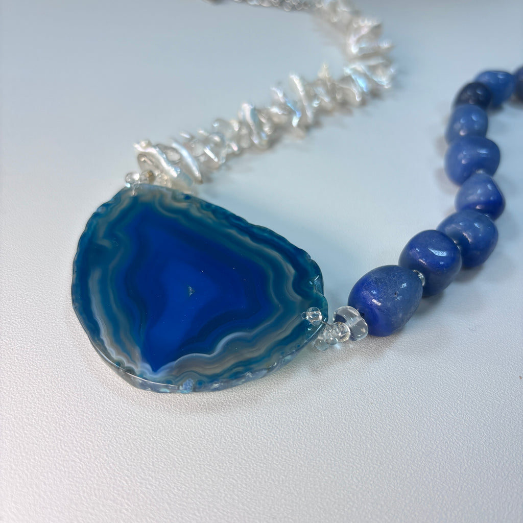 Natural Stone, Crystal & Agate Slice Necklace – Handmade Statement Jewelry