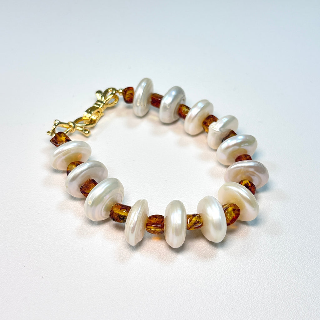 Freshwater Pearl & Amber Bracelet – Handmade Natural Gemstone Jewelry