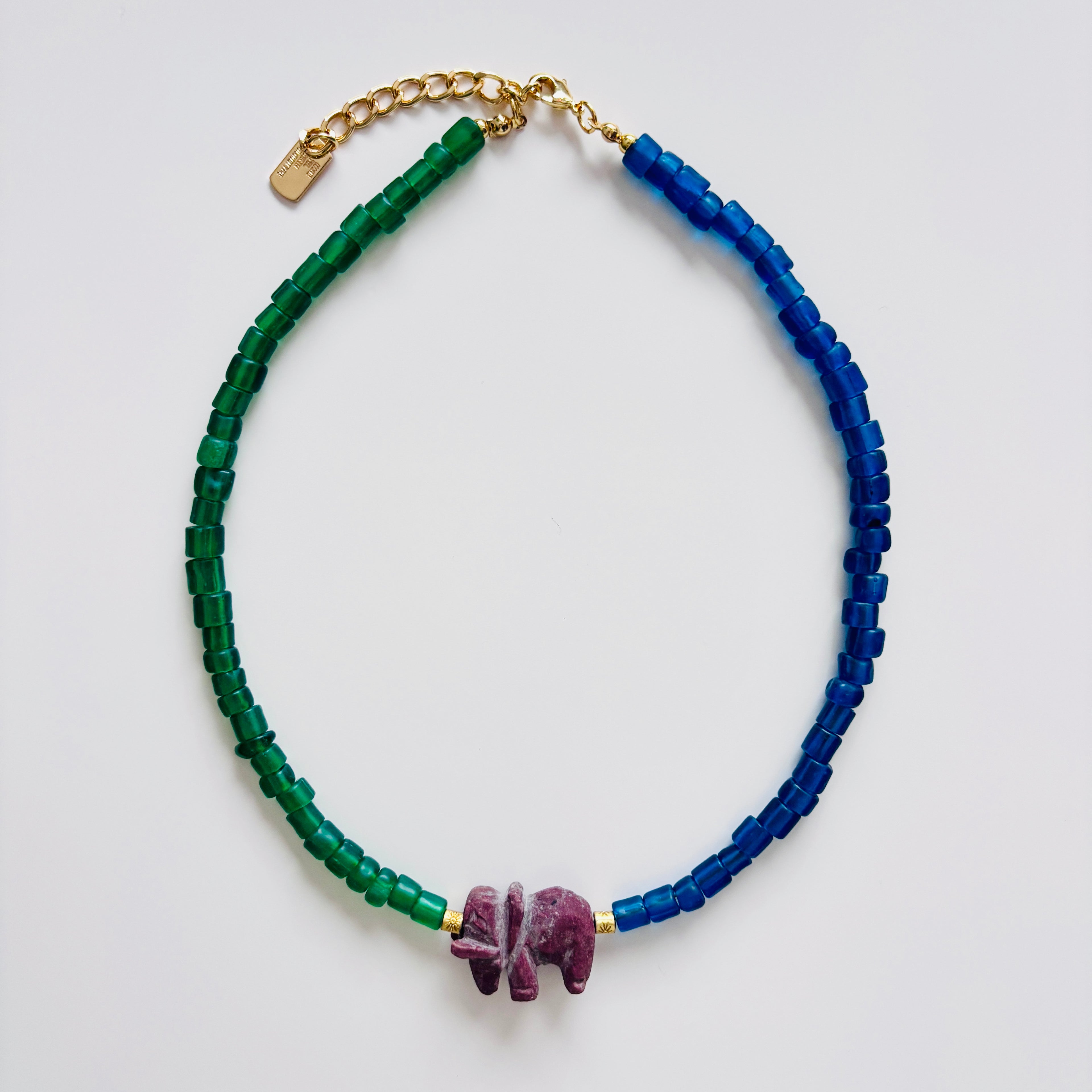 Blue Glass Bead Necklace with Natural Stone Elephant - Handmade Statement Jewelry