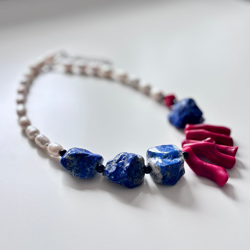 Lapis Lazuli, Red Coral & Freshwater Pearl Necklace – Handmade Natural Gemstone Statement Jewelry