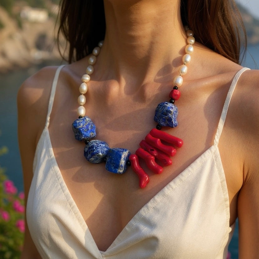 Lapis Lazuli, Red Coral & Freshwater Pearl Necklace – Handmade Natural Gemstone Statement Jewelry