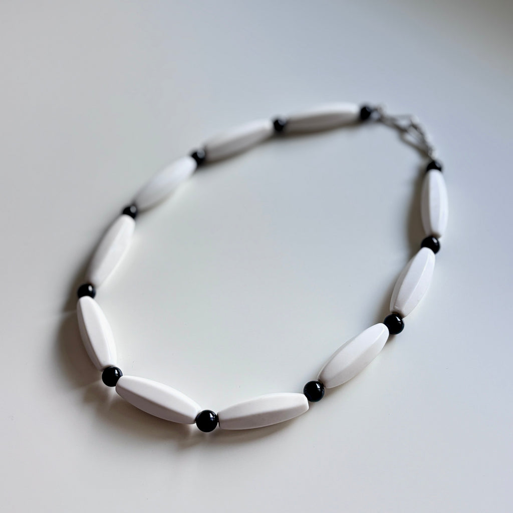 White Agate Necklace • Black & White Beaded Necklace • Minimalist Monochrome Jewelry