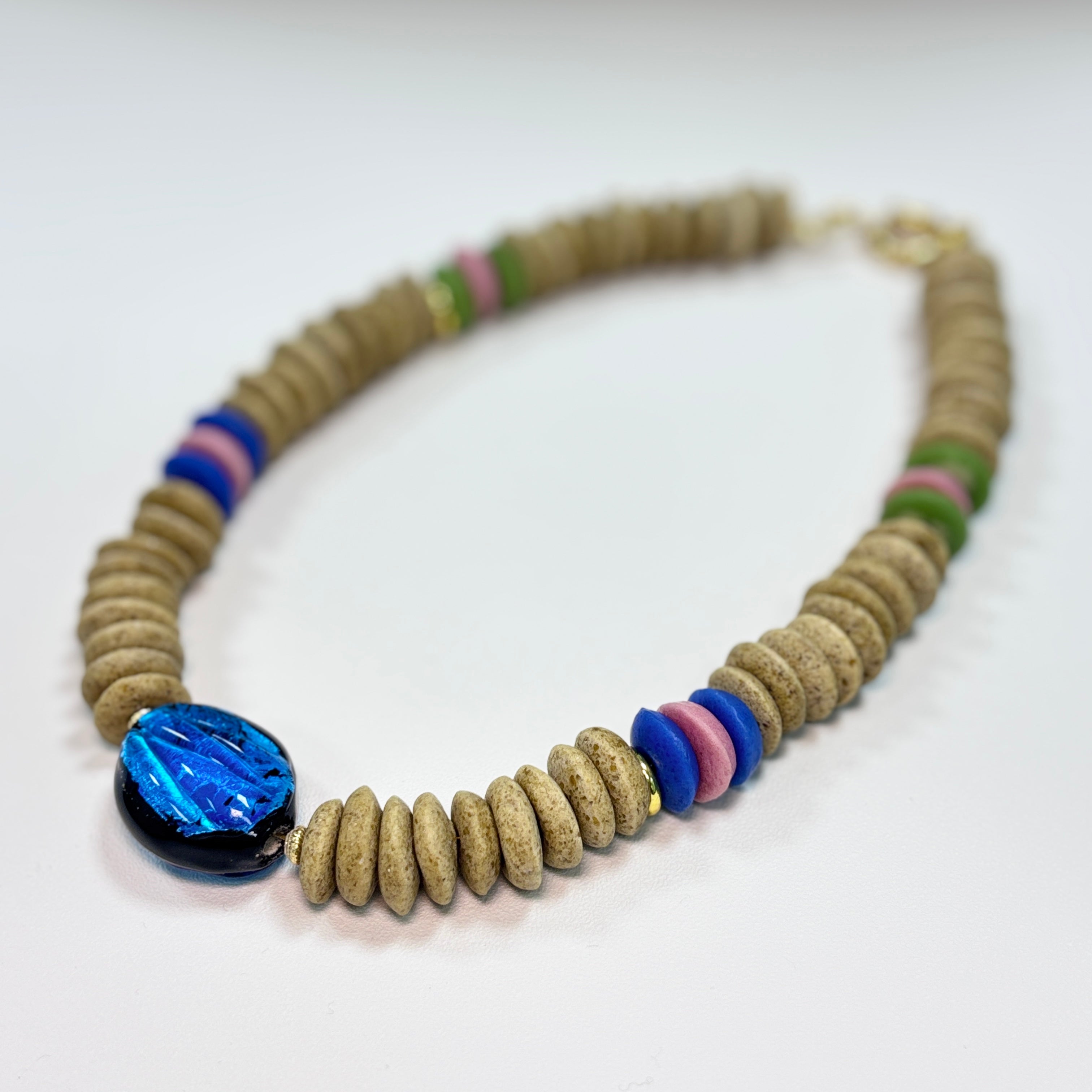 Glass Bead Necklace with Blue Glass Focal Bead – Handmade Statement Jewelry