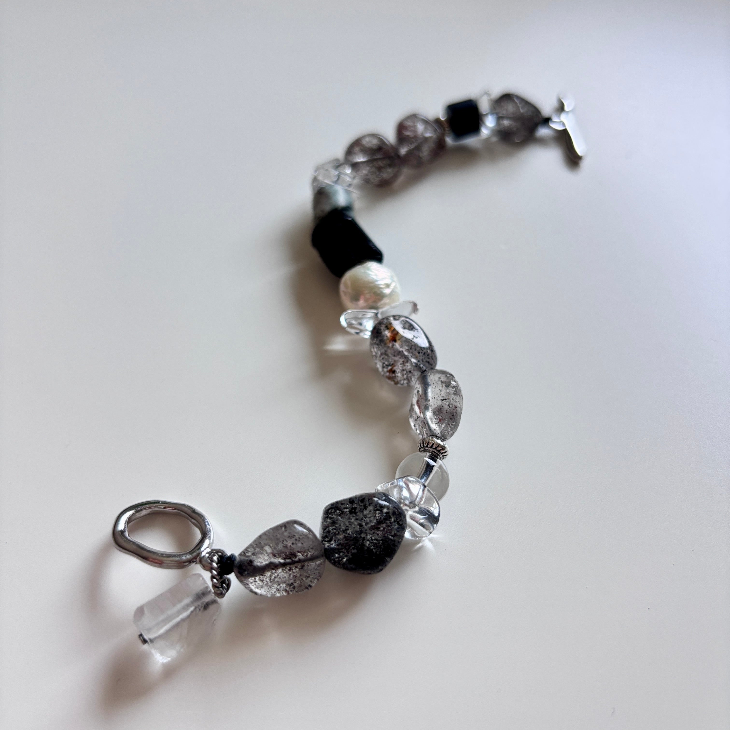 Black Tourmaline, Baroque Pearl and Clear Quartz Bracelet – Natural Gemstone Protection Bracelet – Handcrafted Minimalist Jewelry