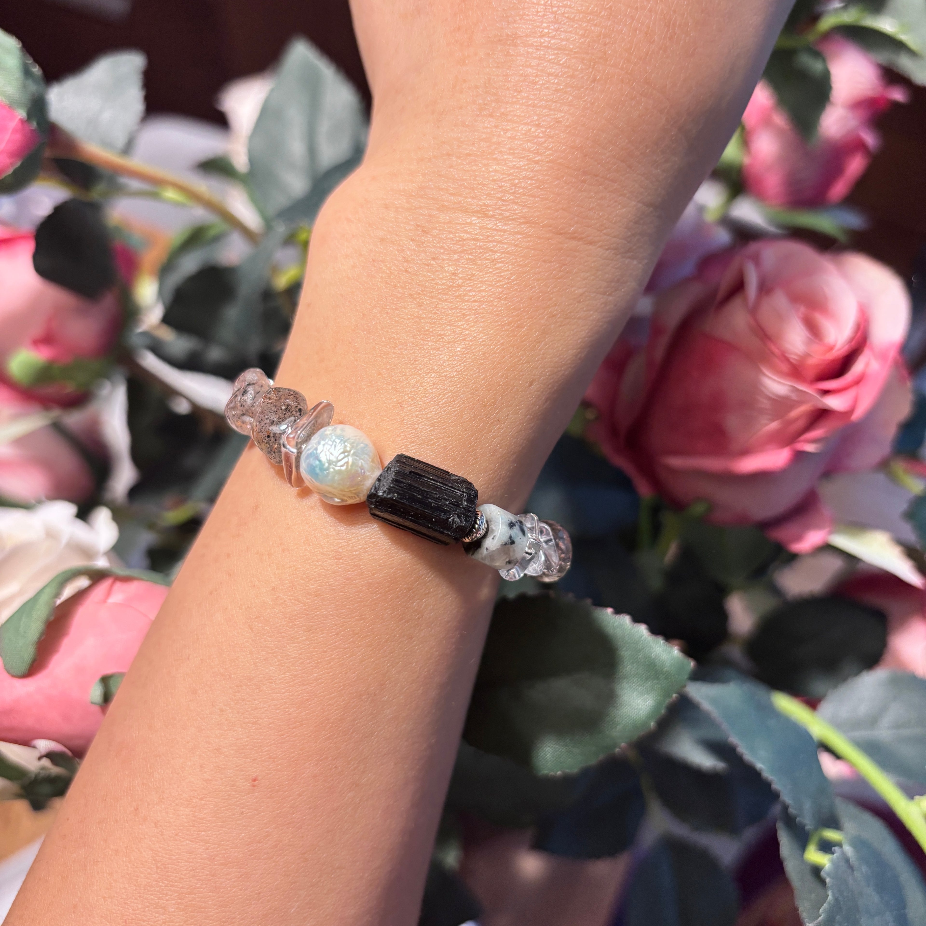 Black Tourmaline, Baroque Pearl and Clear Quartz Bracelet – Natural Gemstone Protection Bracelet – Handcrafted Minimalist Jewelry