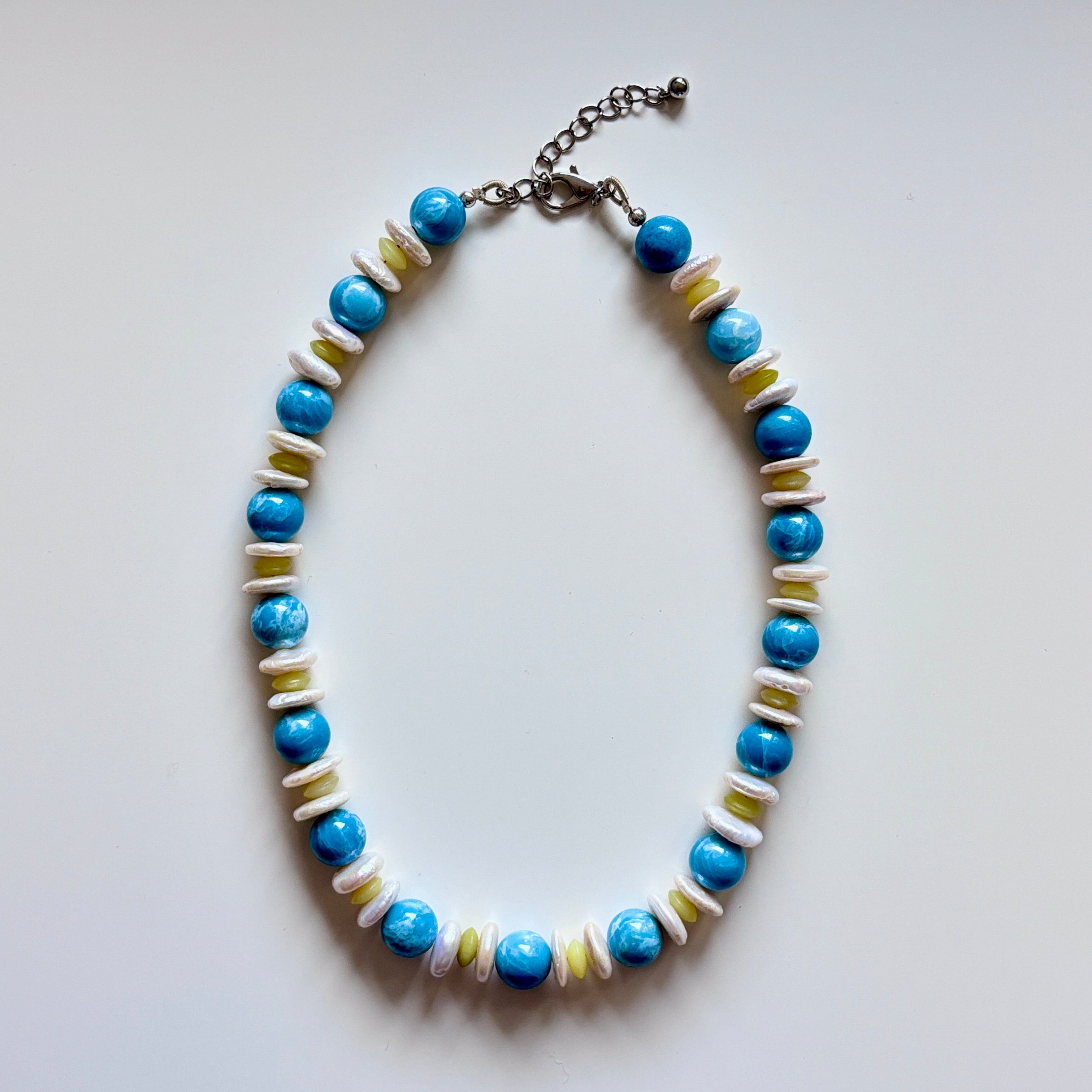 Celestite, Lemon Jade & Freshwater Pearl Necklace – Handmade Gemstone Jewelry Blue Beaded Necklace