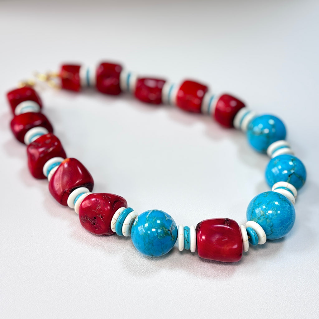Coral & Turquoise Necklace – Handmade Natural Gemstone Statement Jewelry