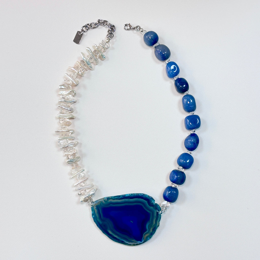 Natural Stone, Crystal & Agate Slice Necklace – Handmade Statement Jewelry