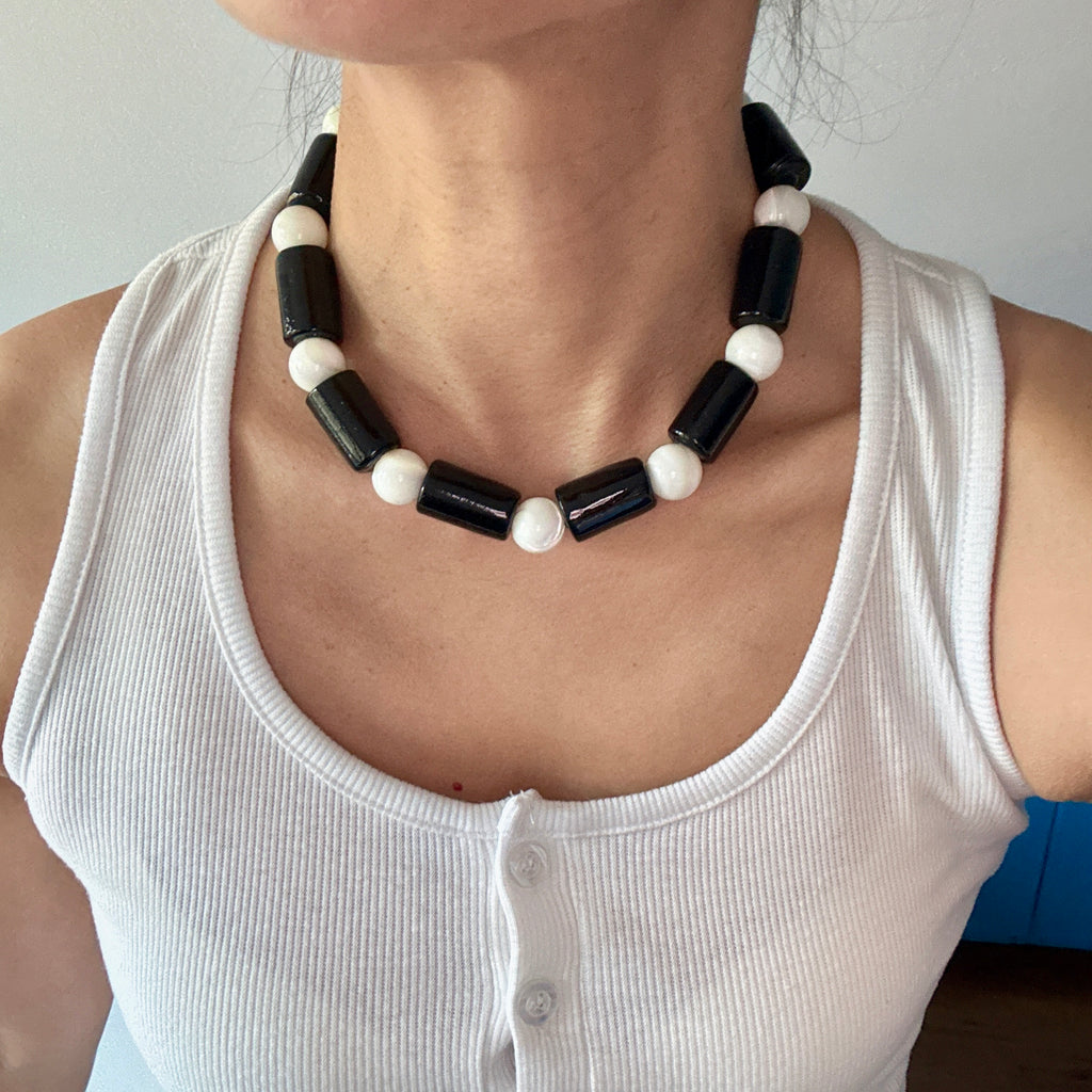 Nepalese Glass and Trochus Shell Beaded Necklace – Black and White Statement Jewelry