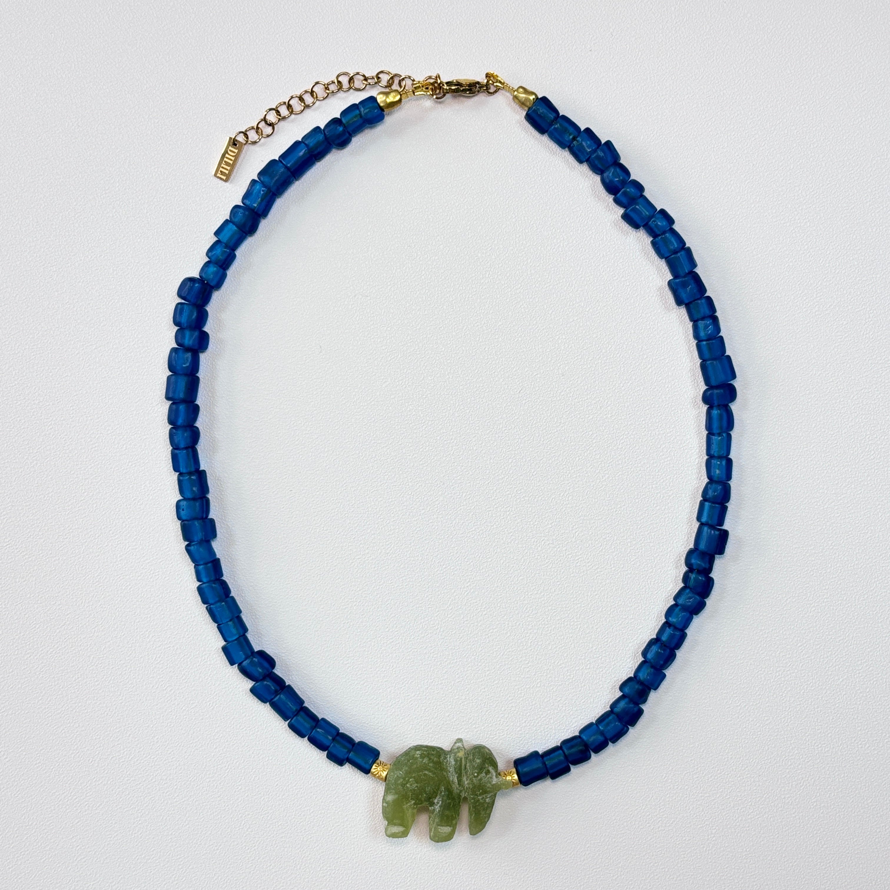 Blue Glass Bead Necklace with Natural Stone Elephant - Handmade Statement Jewelry
