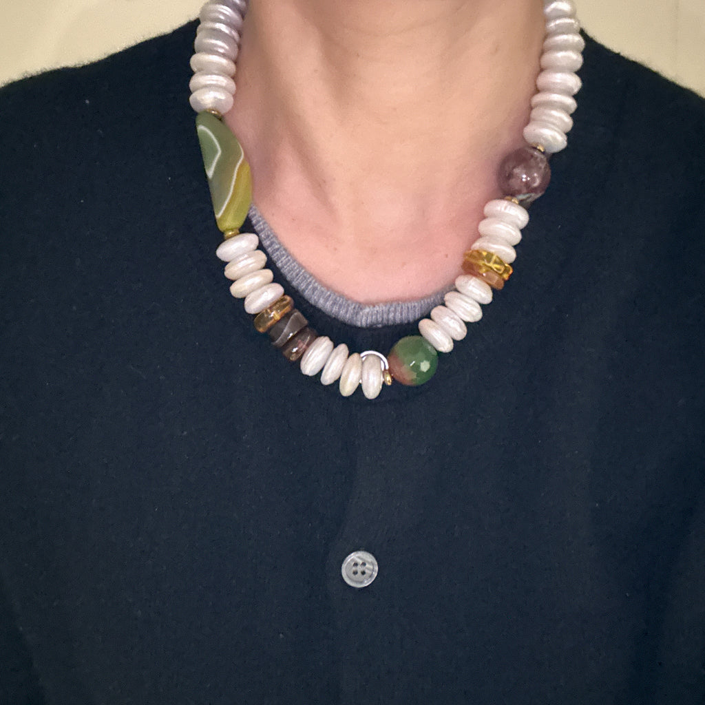 Amber, Agate & Freshwater Pearl Necklace – Handmade Natural Gemstone Jewelry