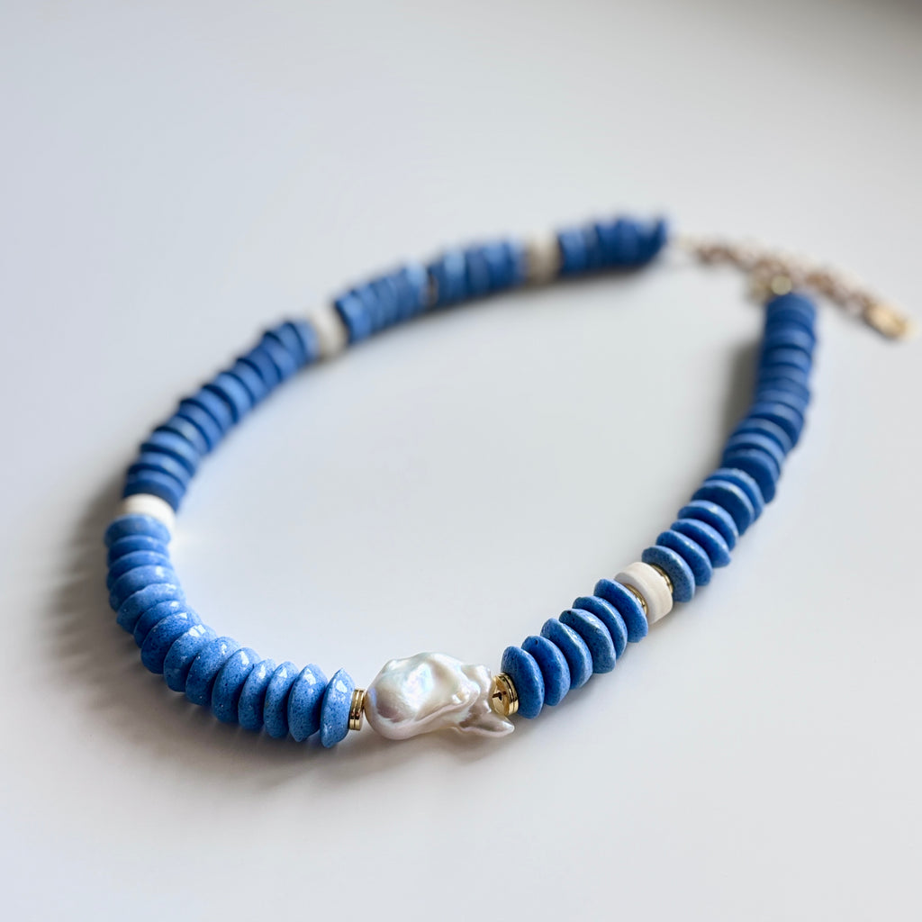 Blue Glass Bead and Baroque Pearl Necklace – Handmade Statement Jewelry – Modern Artisan Necklace