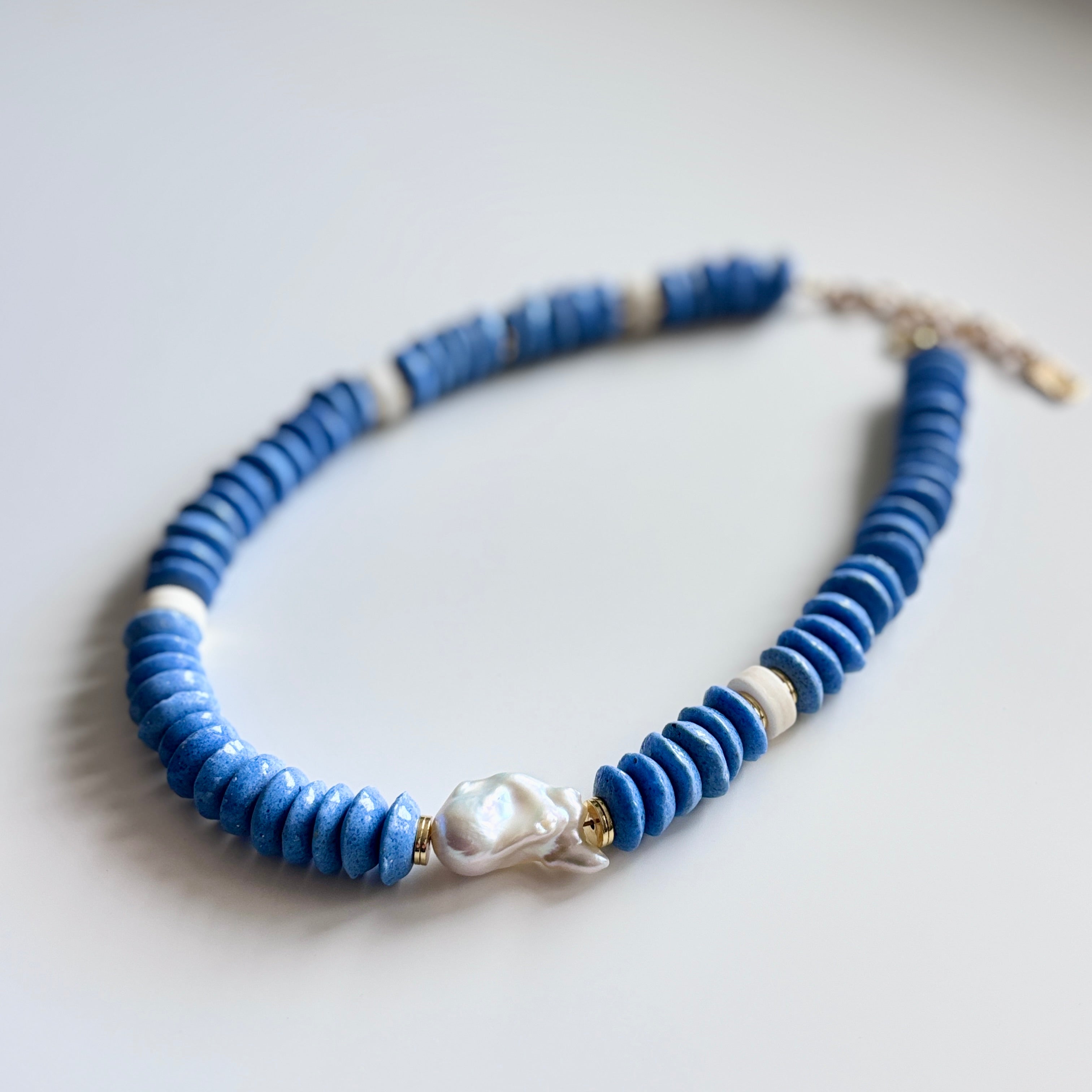 Blue Glass Bead and Baroque Pearl Necklace – Handmade Statement Jewelry – Modern Artisan Necklace – Gift for Her