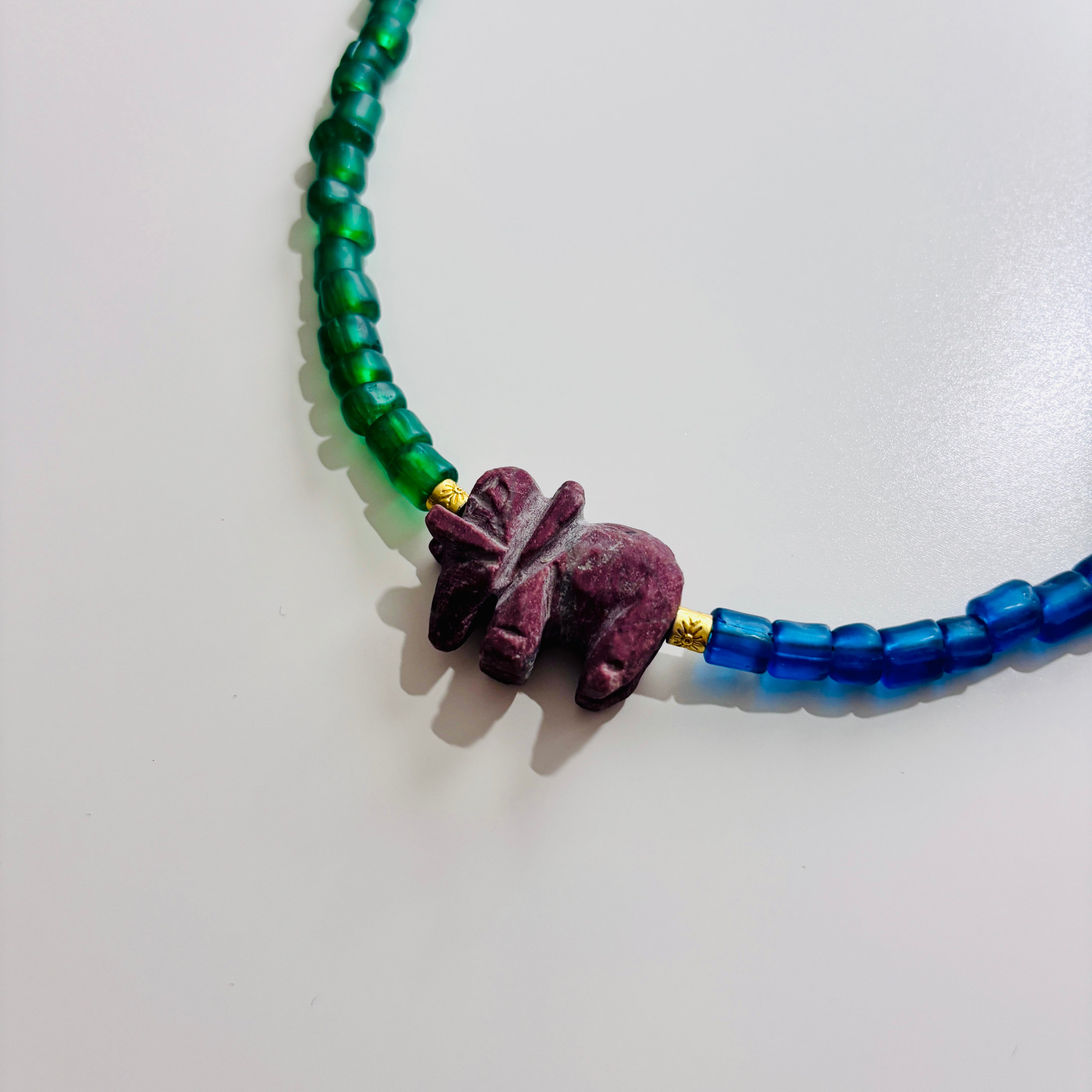 Blue Glass Bead Necklace with Natural Stone Elephant - Handmade Statement Jewelry