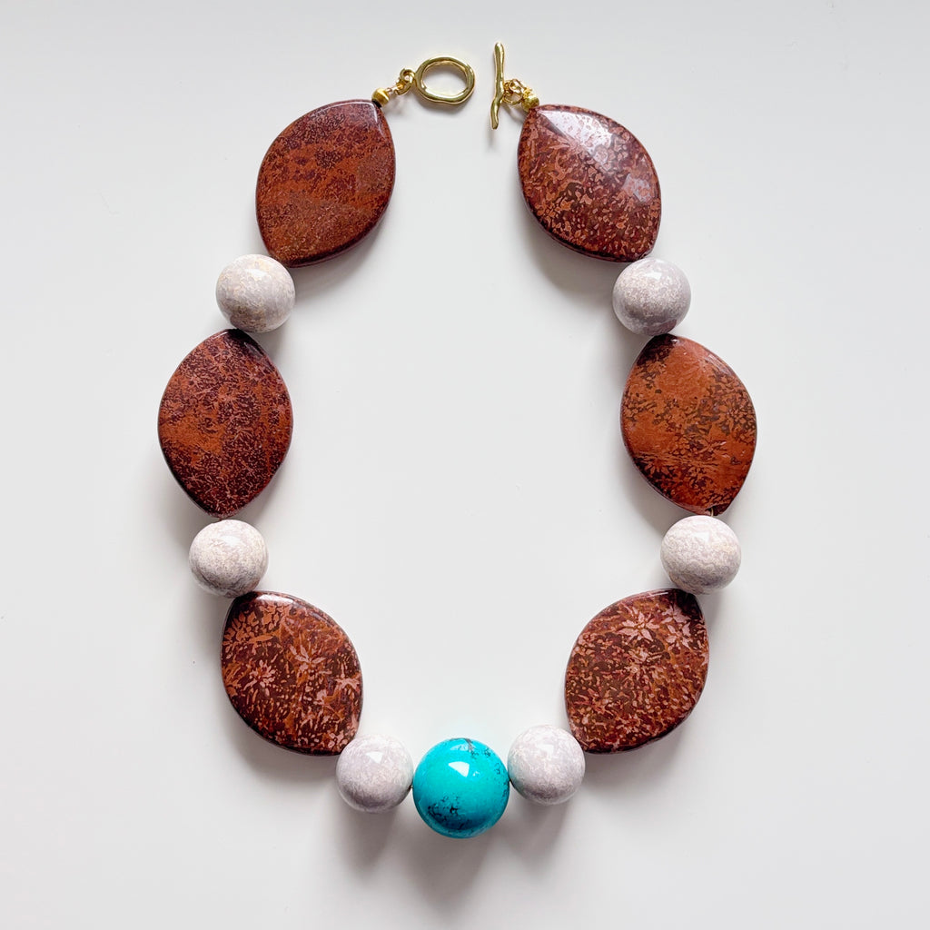 Brown Jasper and Turquoise Necklace – Natural Gemstone Jewelry – Boho Statement Necklace – Handmade Jewelry
