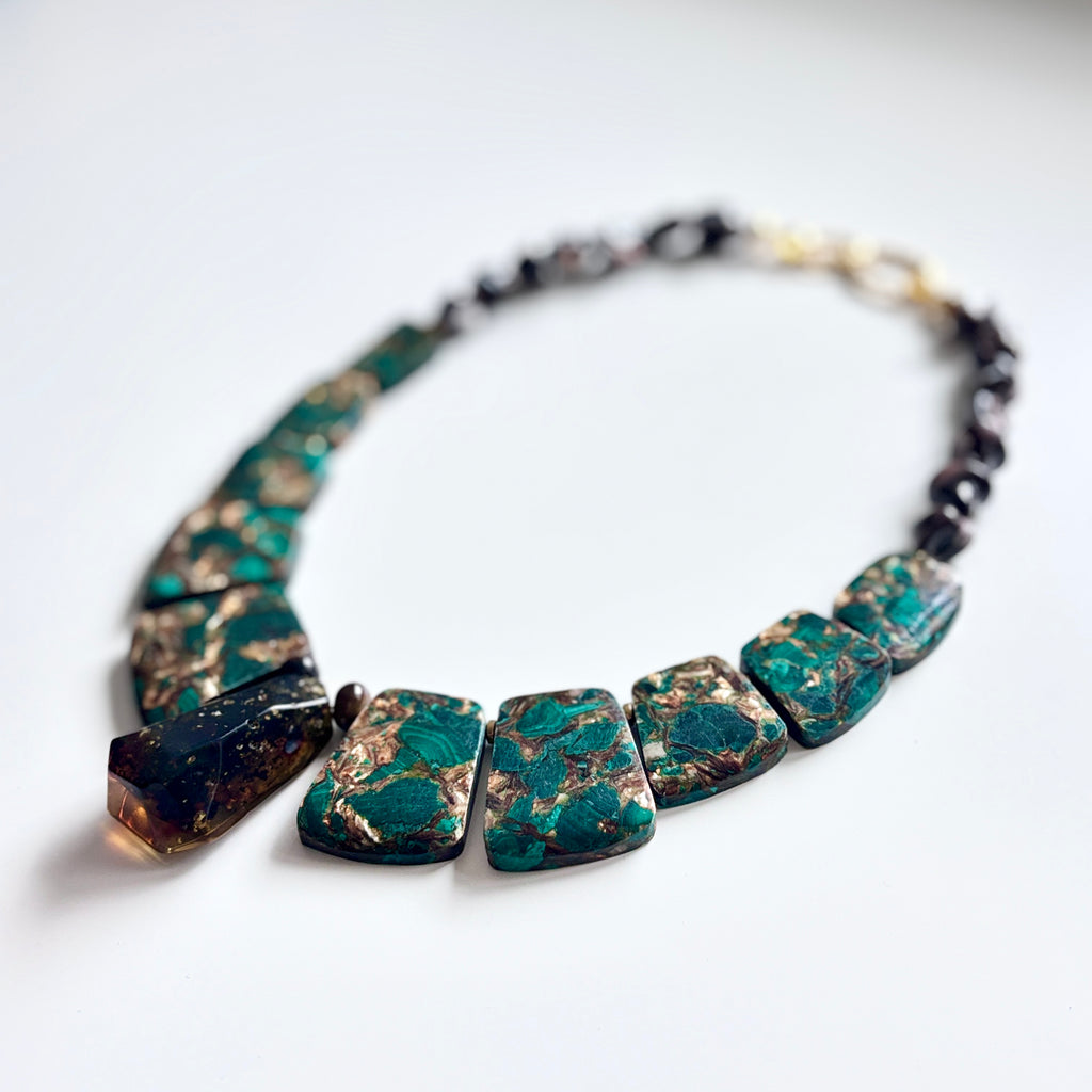 Chrysocolla & Amber Necklace – Handmade Statement Gemstone Jewelry