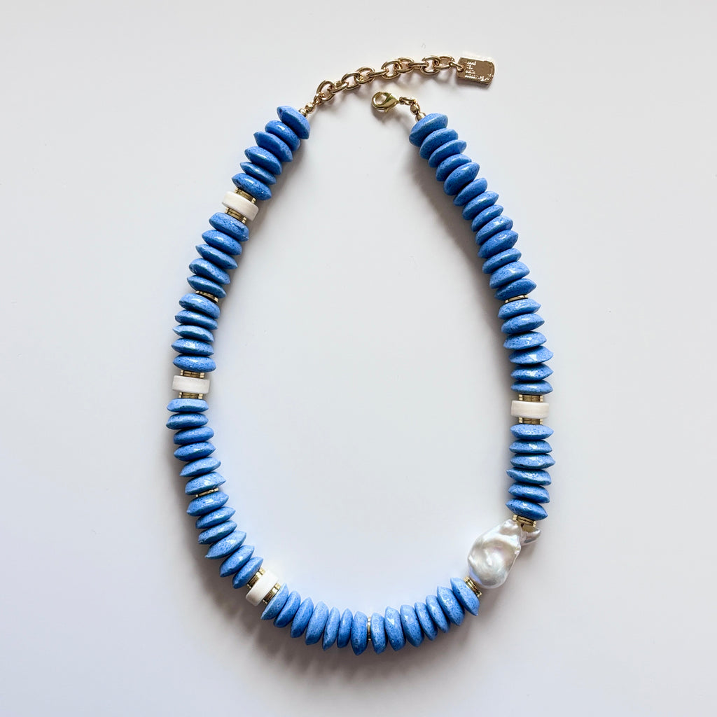 Blue Glass Bead and Baroque Pearl Necklace – Handmade Statement Jewelry – Modern Artisan Necklace