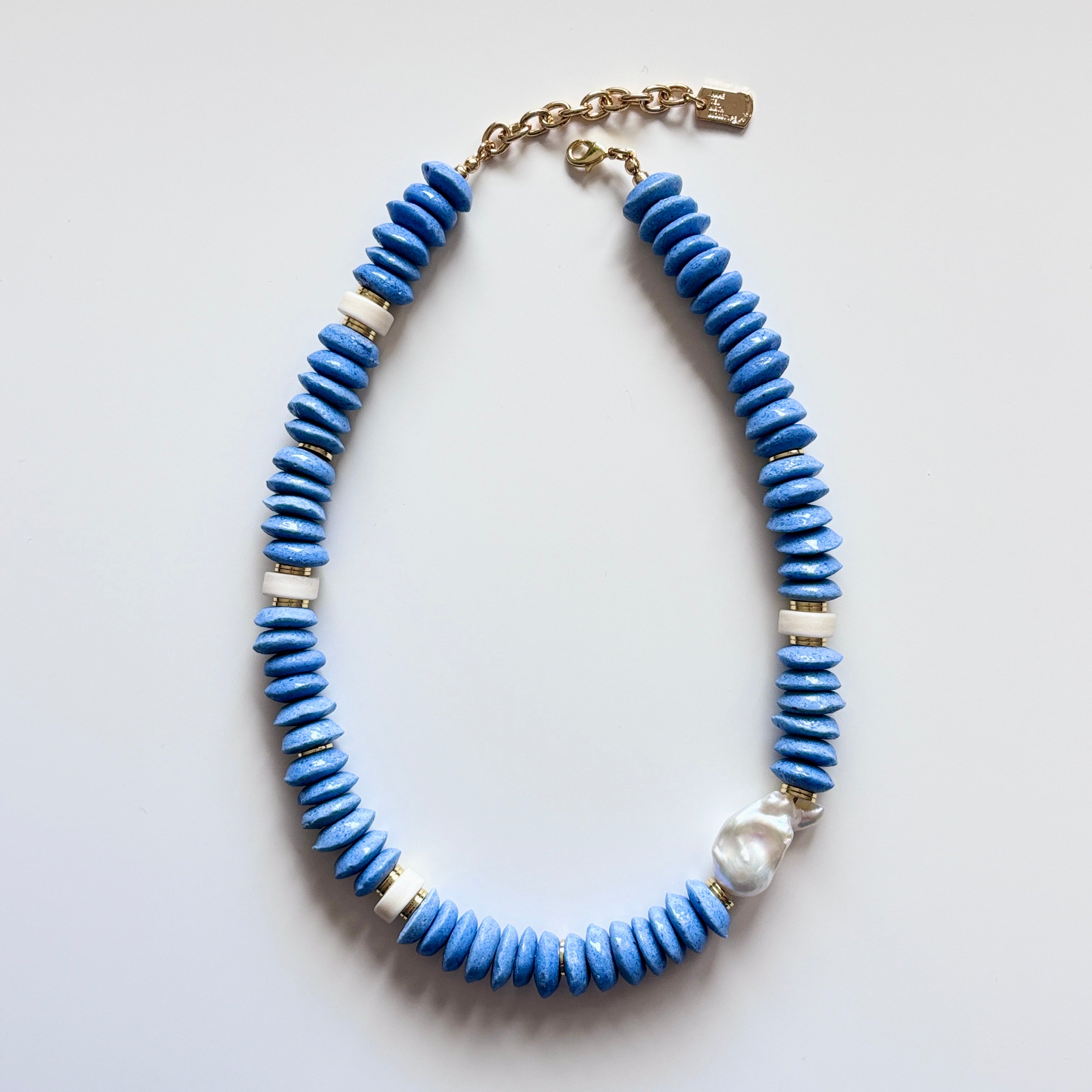 Blue Glass Bead and Baroque Pearl Necklace – Handmade Statement Jewelry – Modern Artisan Necklace – Gift for Her