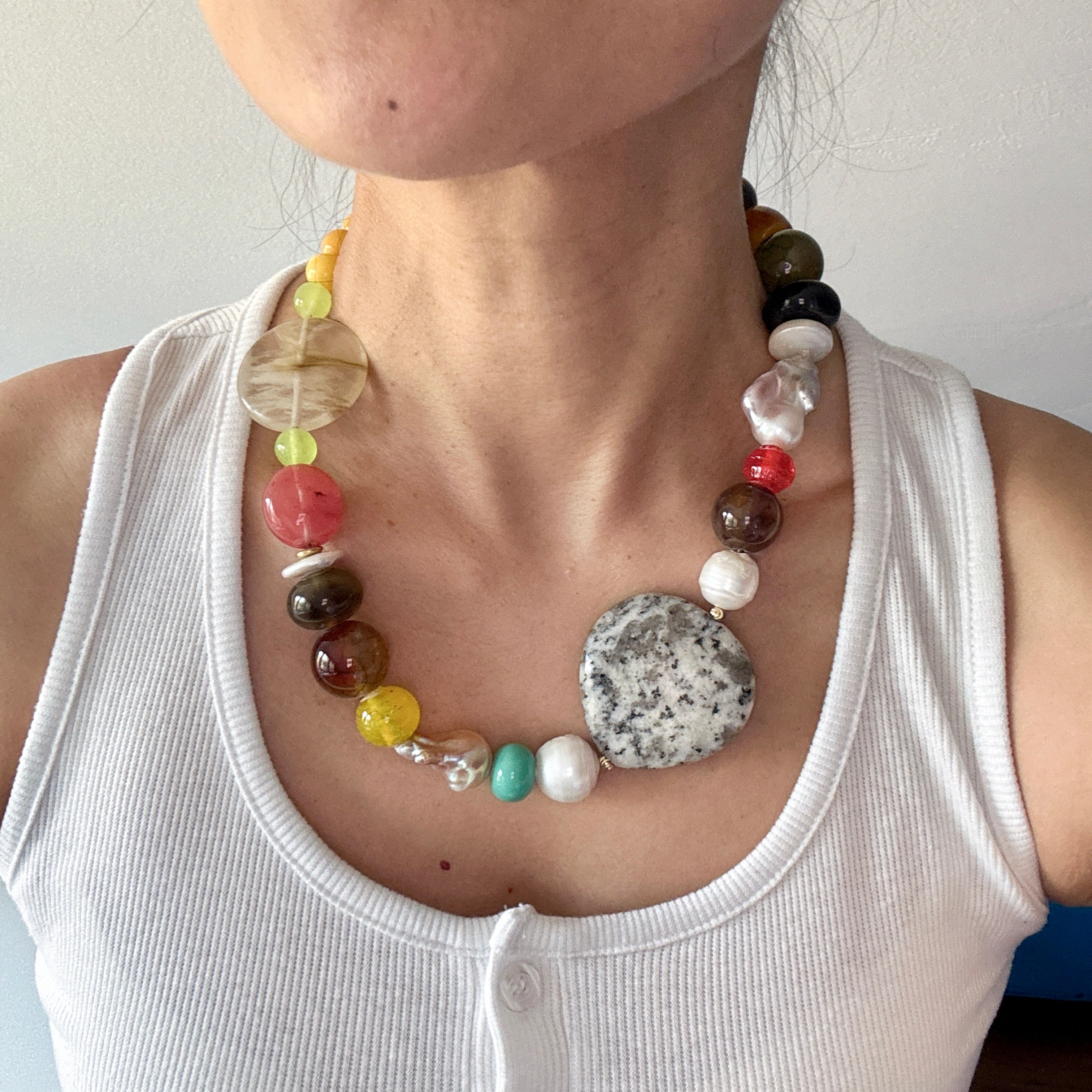 Colorful natural stones & Freshwater Pearl Necklace – Unique Boho Statement Jewelry