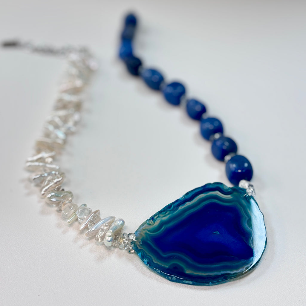 Natural Stone, Crystal & Agate Slice Necklace – Handmade Statement Jewelry