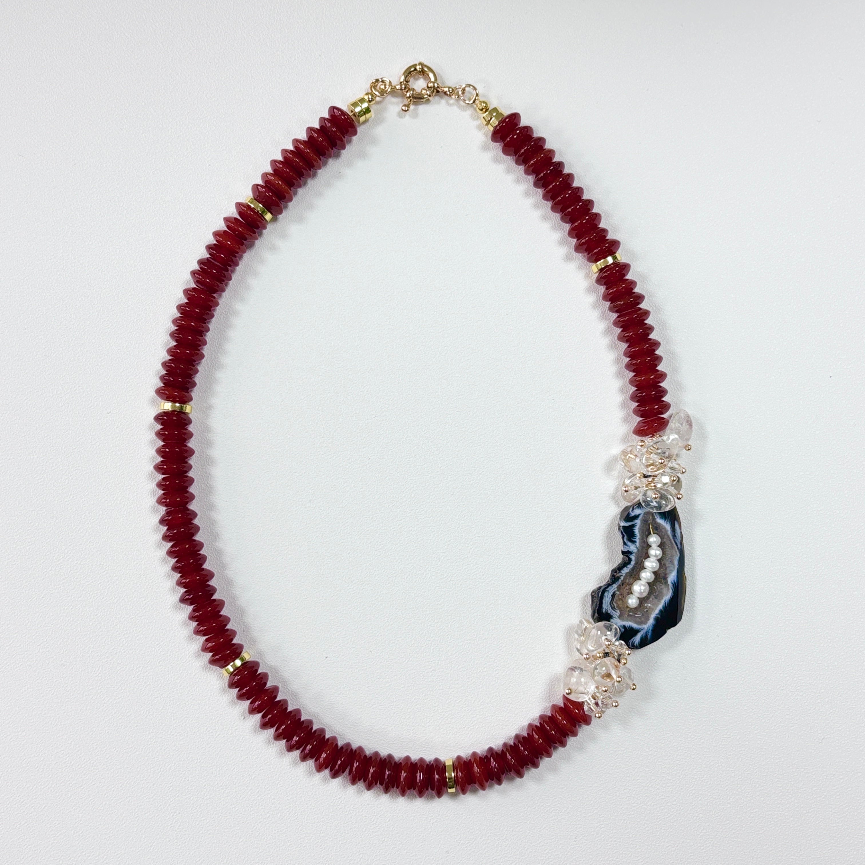 Agate, Crystal & Pearl Necklace – Handmade Natural Gemstone Statement Jewelry