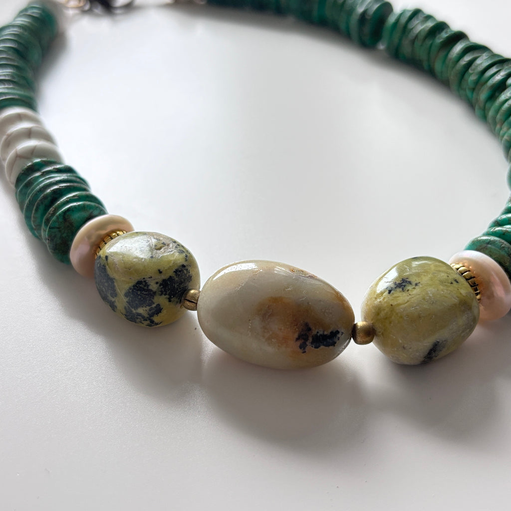 Turquoise, Ocean Jasper and Green Jade Necklace – Handmade Natural Gemstone Statement Jewelry