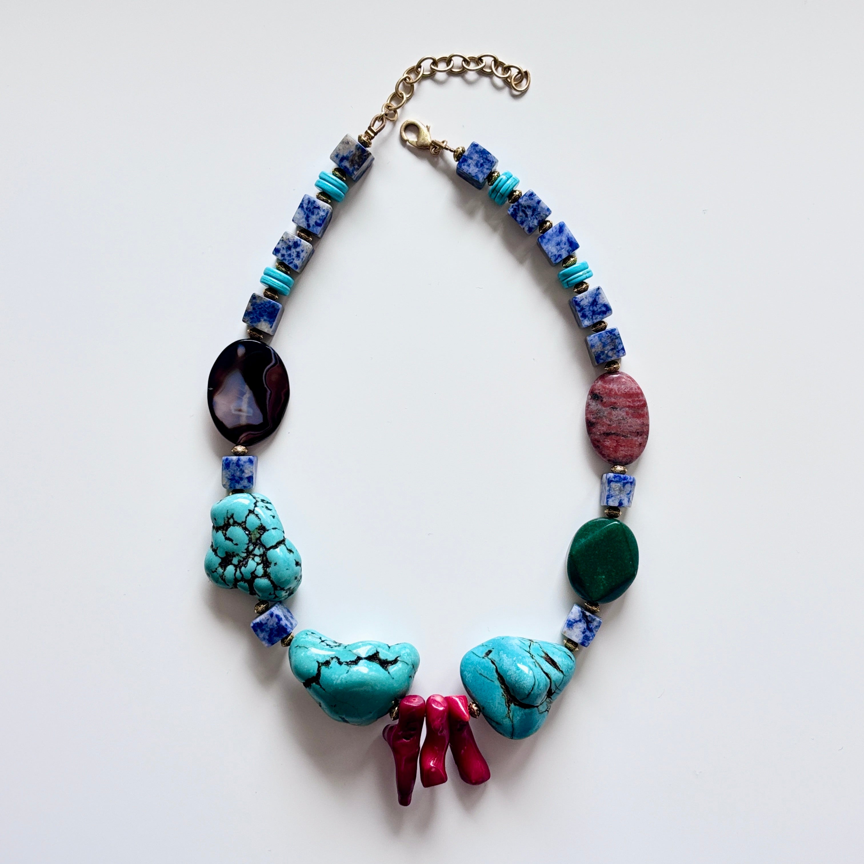 Turquoise Statement Necklace • Red Coral • Lapis Lazuli • Agate Pendant • Chunky Gemstone Necklace • Boho Colorful Jewelry