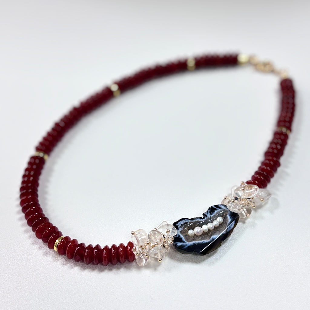 Agate, Crystal & Pearl Necklace – Handmade Natural Gemstone Statement Jewelry