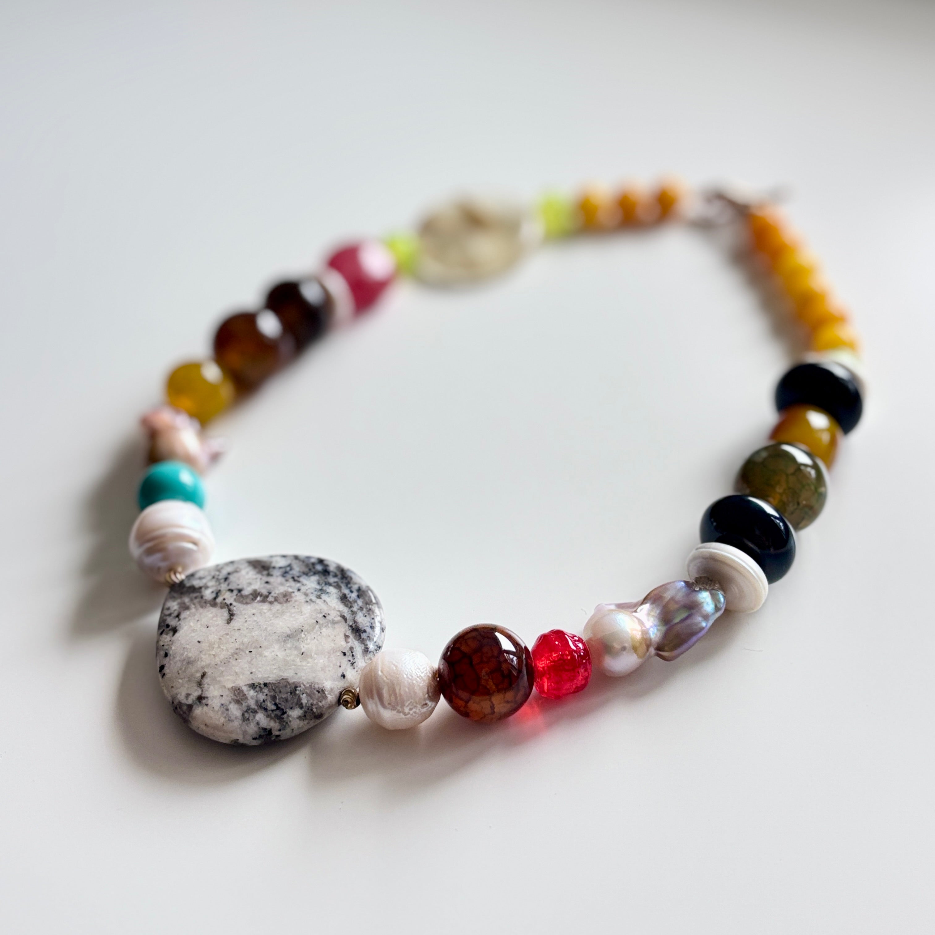 Colorful natural stones & Freshwater Pearl Necklace – Unique Boho Statement Jewelry