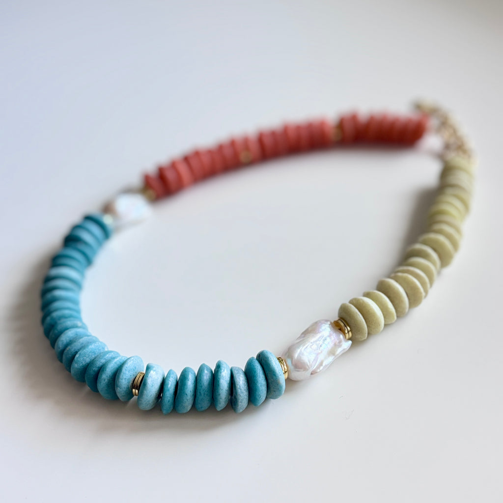 Glass Bead and Baroque Pearl Necklace – Handmade Color Block Statement Jewelry