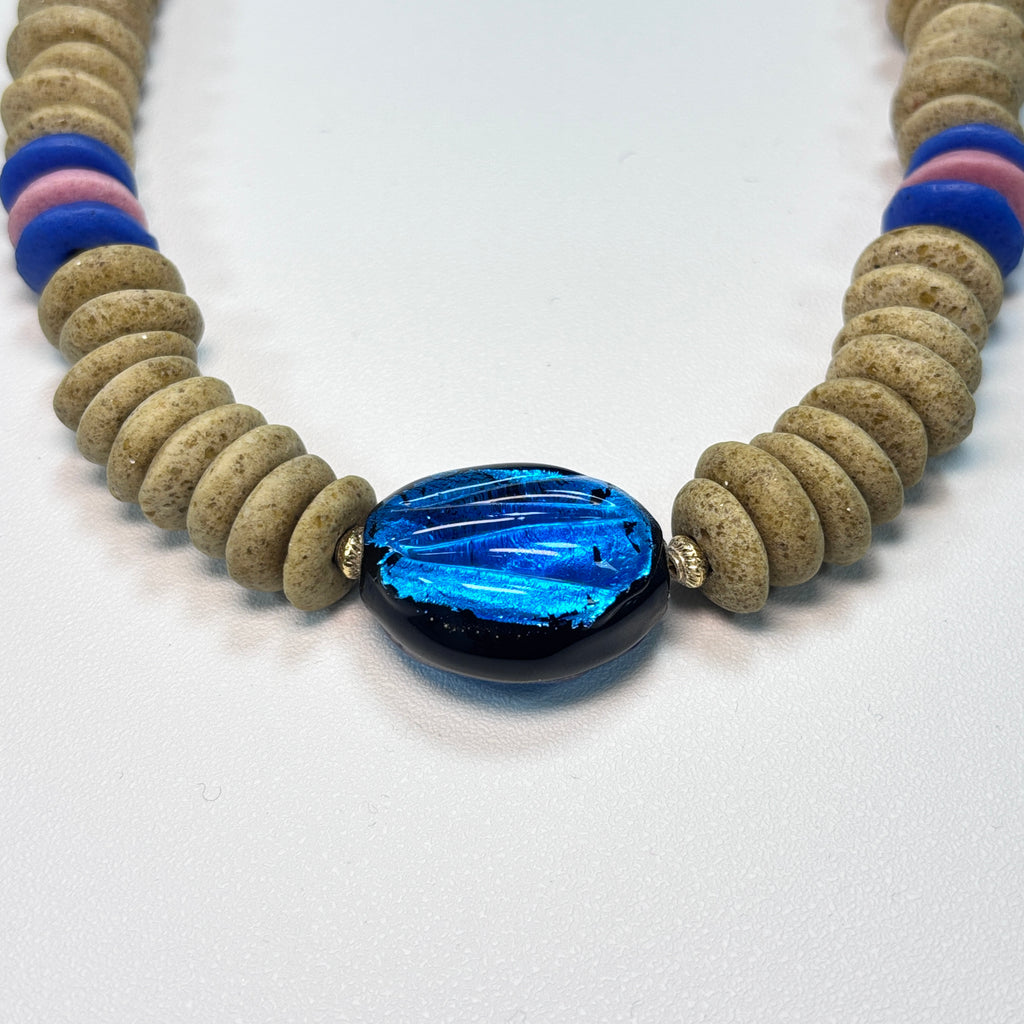 Glass Bead Necklace with Blue Glass Focal Bead – Handmade Statement Jewelry