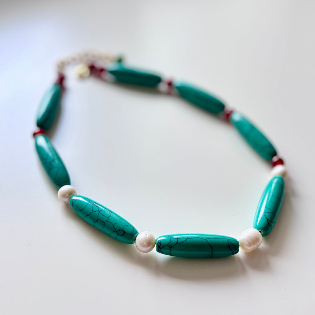 Nature Stone, Red Agate, and Freshwater Pearl Necklace – Handmade Gemstone Jewelry