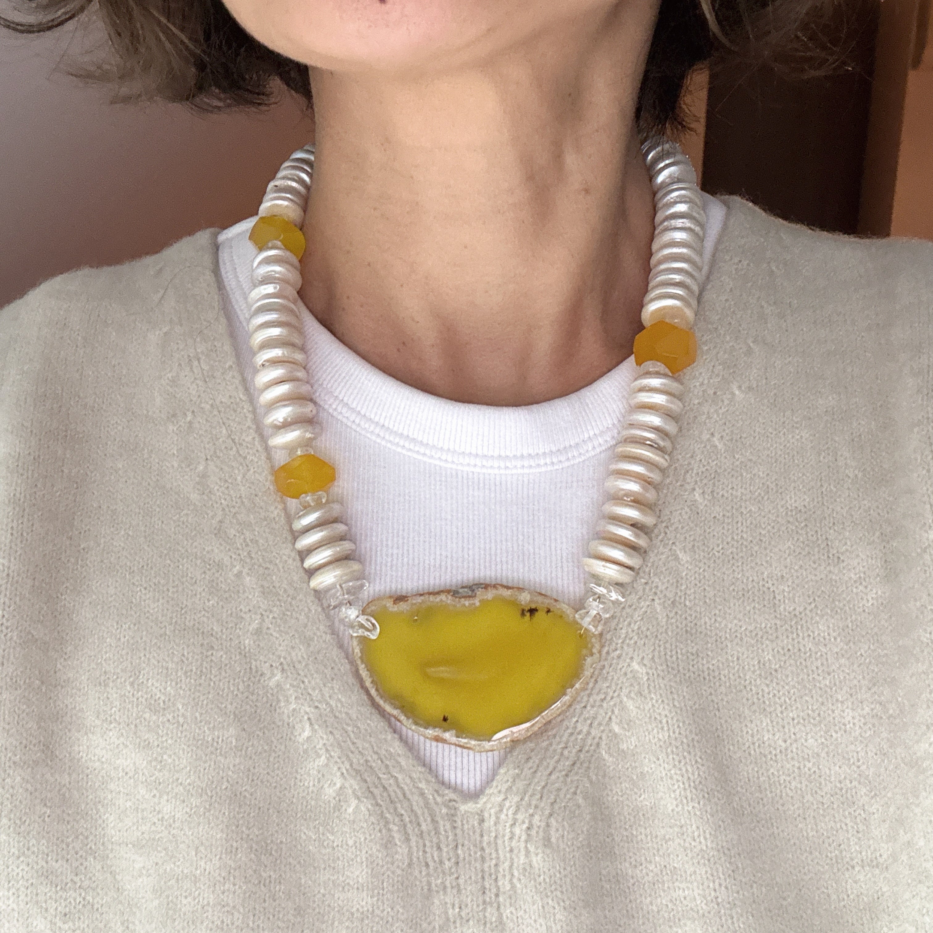Freshwater Pearl & Agate Slice Necklace – A Statement Jewelry