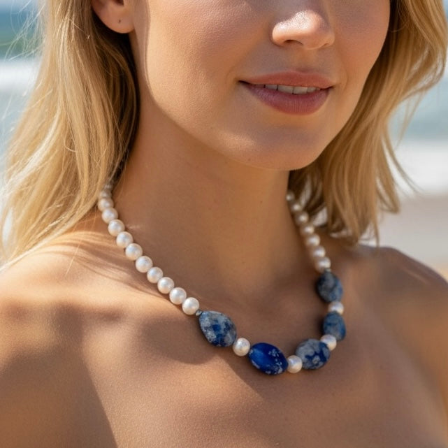 Freshwater Pearl & Blue Agate Necklace – Handmade Natural Gemstone Jewelry