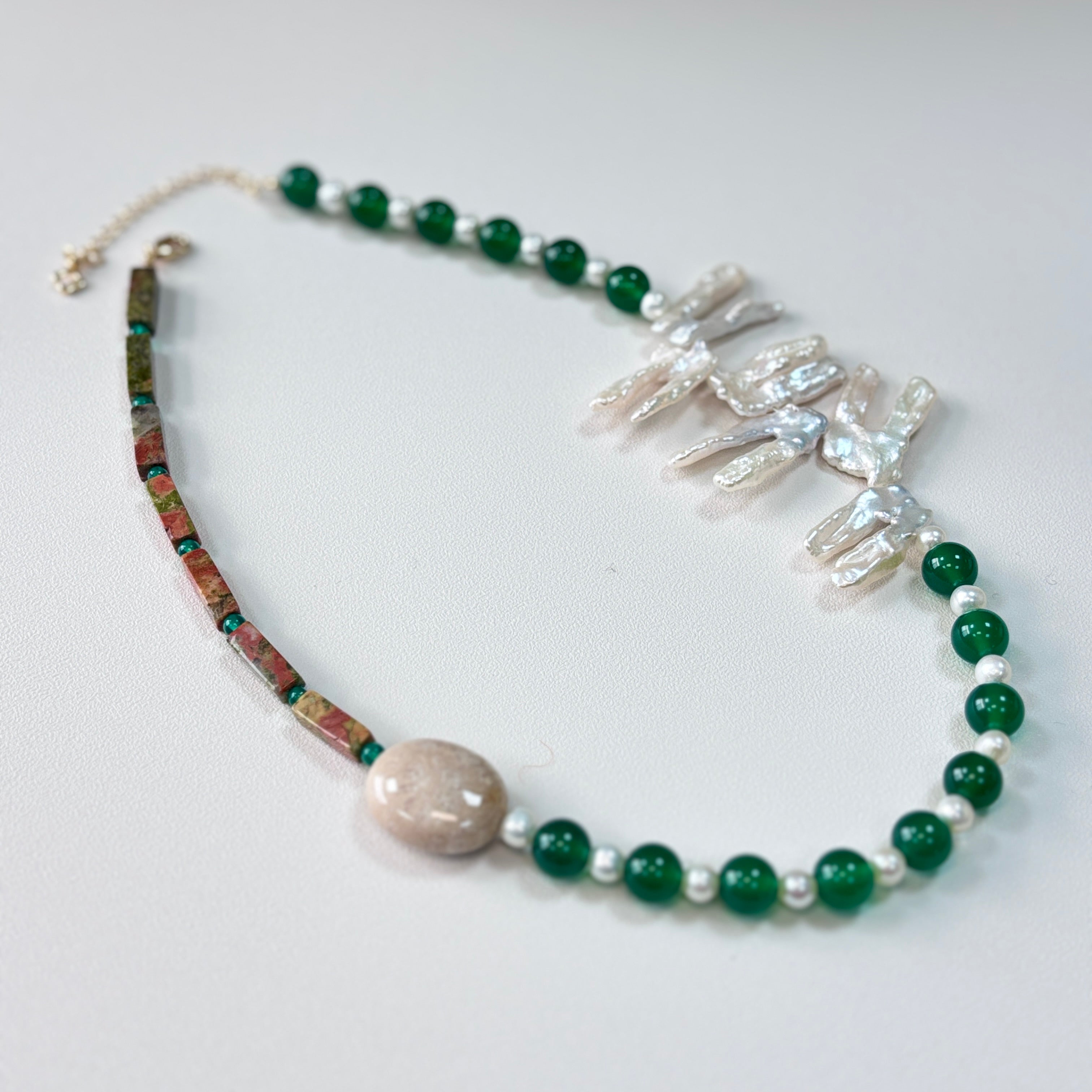 Green Agate, Natural Stone & Freshwater Pearl Necklace – Handmade Statement Jewelry