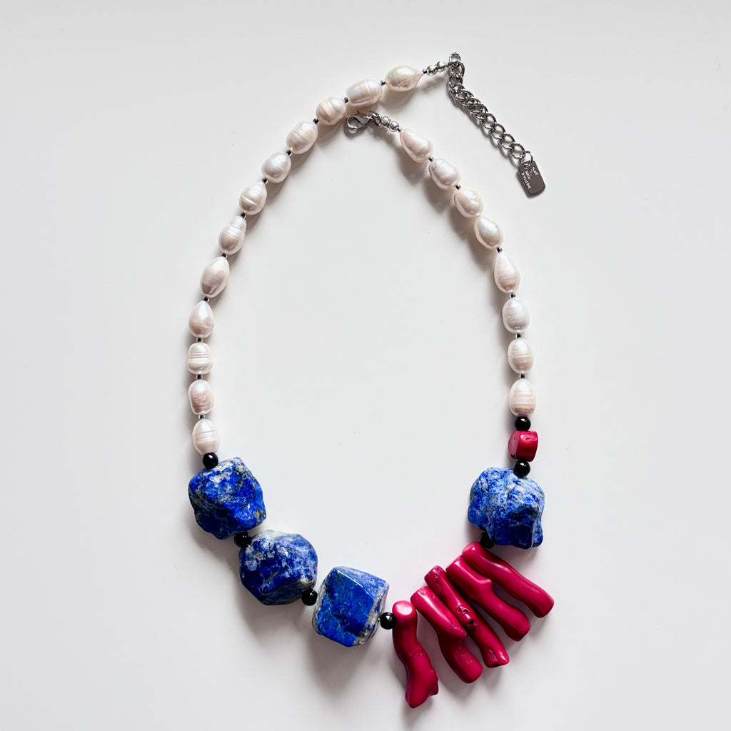 Lapis Lazuli, Red Coral & Freshwater Pearl Necklace – Handmade Natural Gemstone Statement Jewelry