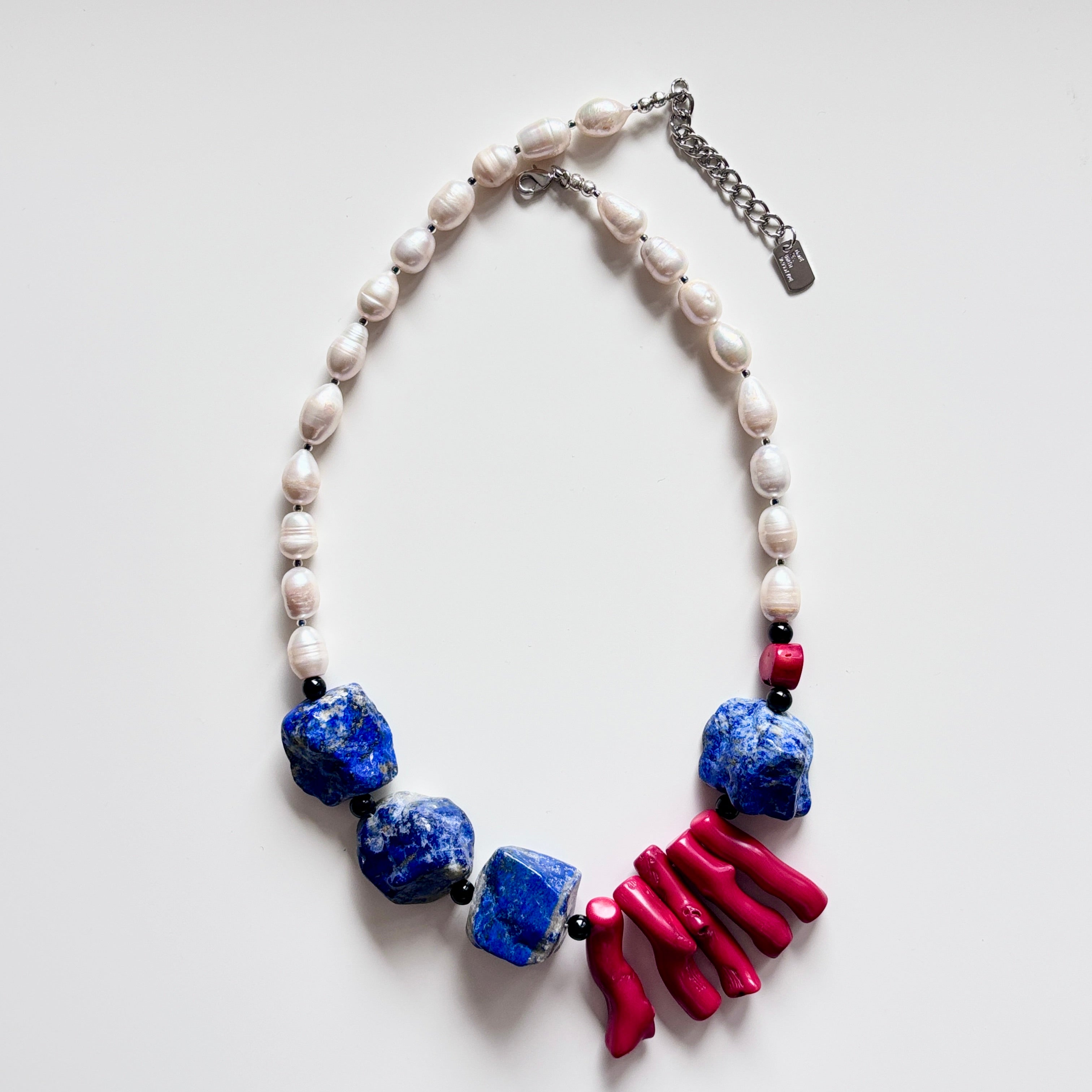 Lapis Lazuli, Red Coral & Freshwater Pearl Necklace – Handmade Natural Gemstone Statement Jewelry