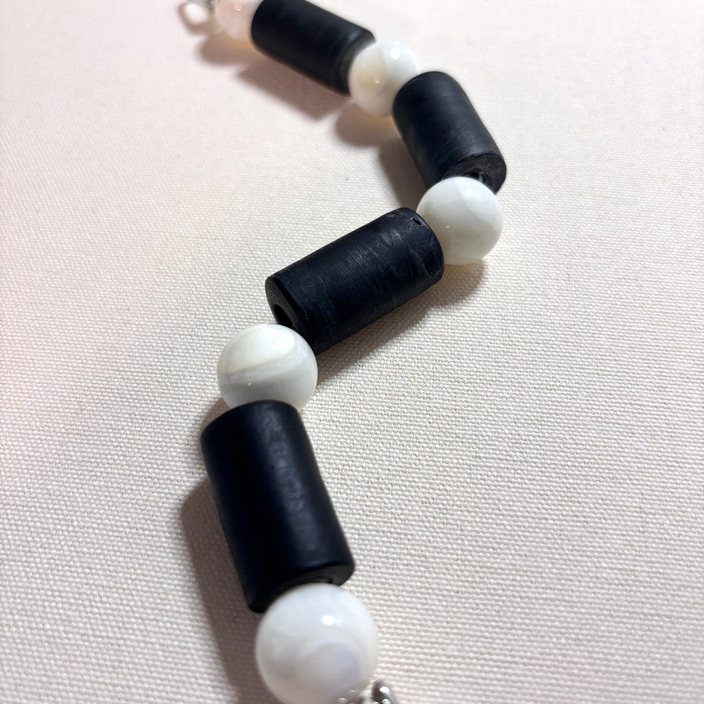 Nepalese Glass and Trochus Shell Bracelet – Black and White Chunky Beaded Bracelet – Handmade Bracelet
